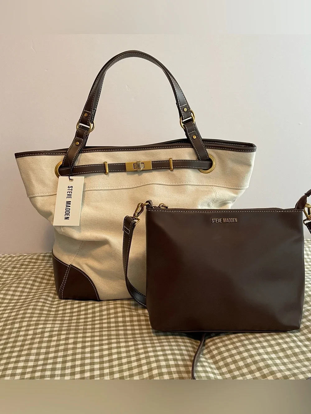 NWT Steve Madden Beige Canvas Tote with Chocolate Brown Trim and Gold Hardware